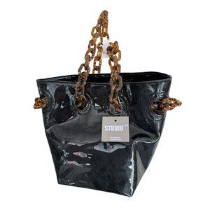 Studio 33 Women’s Woke Newbie Bucket Bag Patent Glossy Black Satchel Handbag NWT